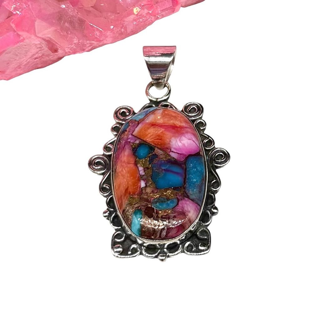 Kingman Pink Dahlia Turquoise Necklace Pendant Solid 925 Sterling Silver Oval